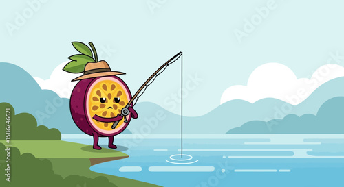 Frowning Passion Fruit Cartoon Character Angrily Holding A Fishing Rod By The Lake