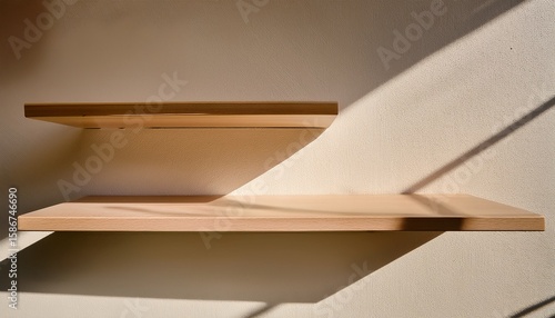 two light wood shelves installed on a cream colored wall with sunlight shadows creating a minimalist aesthetic