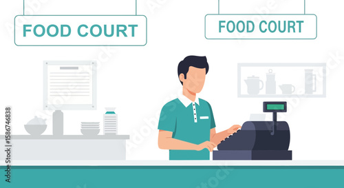 Cashier Serving Customers At Food Court Register During Lunch Break