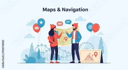 Couple Planning Vacation At Amusement Park Using Tourist Map Together