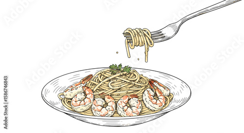 POV vintage sketch fork twirling shrimp scampi pasta first person view – a hand drawn black and white and color vector illustration engraving or woodcut svg

