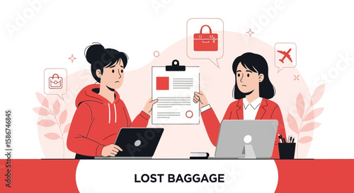 Frustrated Traveler Reporting Lost Luggage At Airport Counter With Airline Employee
