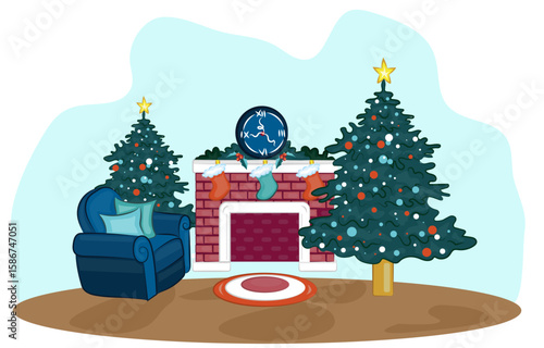 Beautiful living room interior with fireplace and Christmas tree