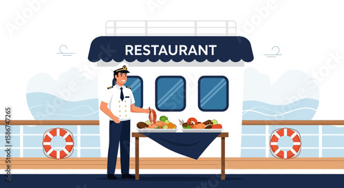 Elegant Cruise Line Captain Showcasing Gourmet Seafood Dining Experience Onboard