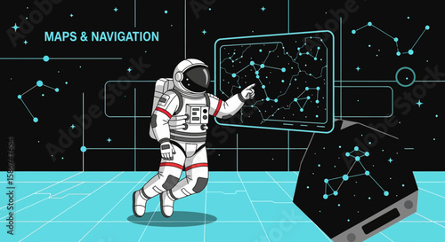 Astronaut Exploring Constellations Navigating Through Space Using Advanced Star Charts