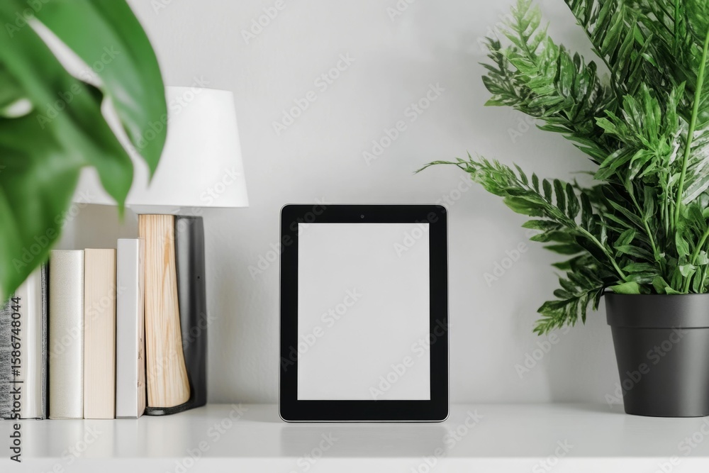 Fototapeta premium Tablet mockup on bookshelf with books and plants, ideal for e-book promotions in modern home settings