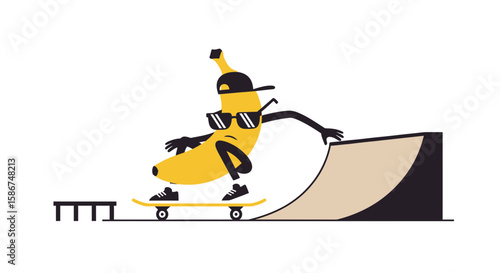 Funny Banana Character Skating on Skateboard in a Skate Park Vector Illustration