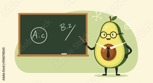 Funny Avocado Teacher Explaining Math Problems On The Blackboard With A Pointer