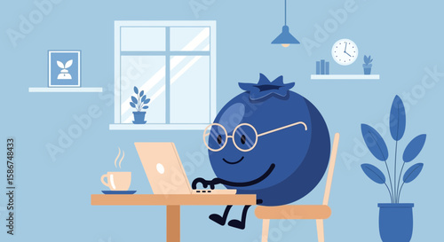Funny Blueberry Freelancer Working Remotely On A Laptop From Home Office