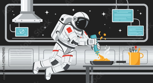 Astronaut Prepares A Meal In A Space Station Futuristic Cooking Scene