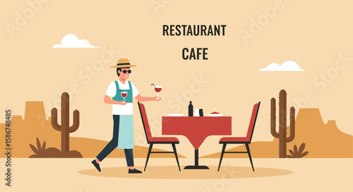 Charming Desert Cafe Setting With A Waiter Serving Wine And Covered Table