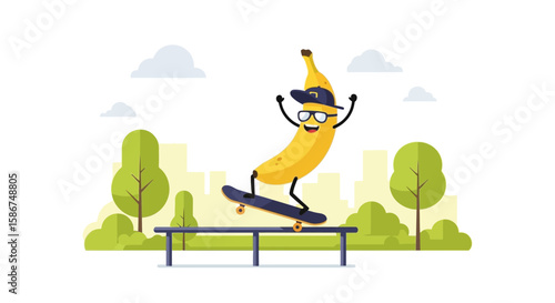 Cheerful Banana Having Fun Skateboarding Outdoors With Nature Background