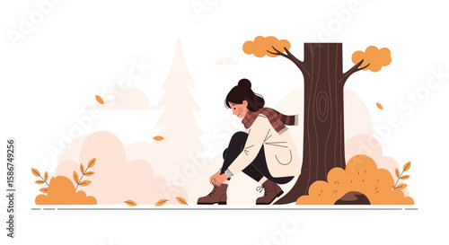 Autumn Day Scene With Girl Tying Her Shoe Beside A Tree In Flat Design