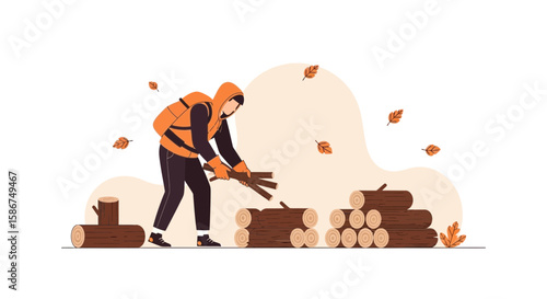 Autumnal Wood Preparation Man Gathering Firewood For The Winter Season