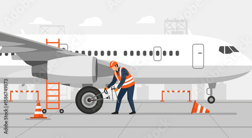 Aviation Maintenance Engineer Performing Aircraft Wheel Repair And Safety Inspection