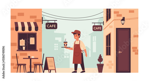 Cheerful Cafe Scene With Waiter Serving Coffee In An Outdoor Setting