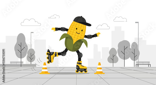 Funny Corn Cob Character Roller Skating In The Park On Sunny Day