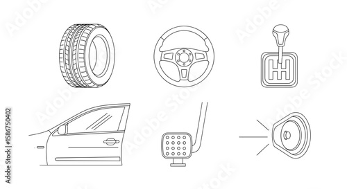 Automotive parts illustration showcasing a tire, steering wheel, gear shift, door, pedal, speaker
