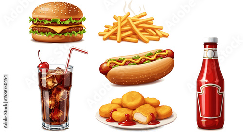 Assortment of fast food items including burger fries soda hotdog nuggets and ketchup bottle displayed
