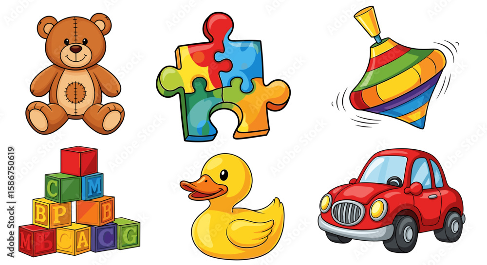 Obraz premium Collection of toys featuring a teddy bear, puzzle, spinning top, blocks, duck, and a red toy car