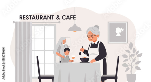 Cozy Family Meal With Grandma Preparing Food In A Charming Home Setting