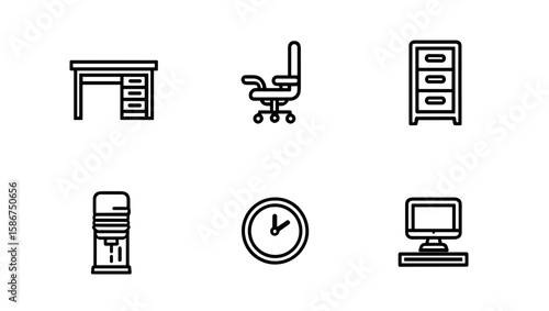 Depiction of office furniture and equipment including a desk, chair, and computer monitor