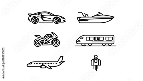 Depiction of various modes of transportation including a car boat motorcycle train airplane and jetpack person