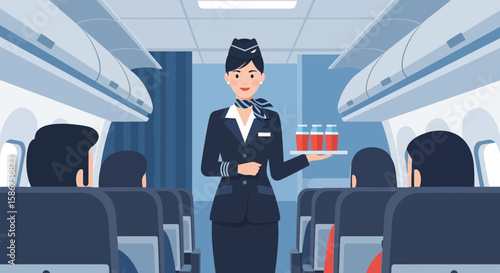 Elegant Stewardess Serving Drinks on an Airplane for Travelers Aboard Flight