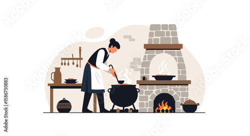 Cozy Kitchen Preparing Traditional Food On Fireplace In Historic Setting