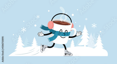 Cheerful Coffee Cup Winter Skating Adventure In A Snowy Landscape Cartoon