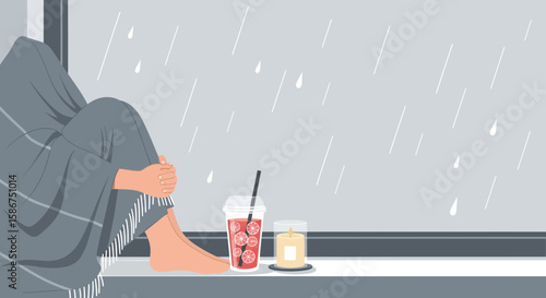 Cozy Rainy Day Indoor Scene With Person Beverage And Candle