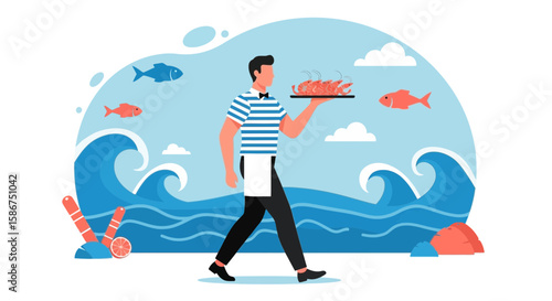 Elegant Waiter Delivering Fresh Seafood By the Sea at Luxury Restaurant