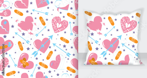 Broken hearts vector set of  icons and symbols in pink color with wound, patches, stitches and bandages isolated in white background. Vector illustration.