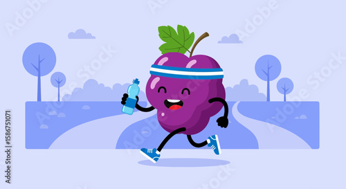 Funny Grape Character Jogging And Drinking Water In The Park Scene
