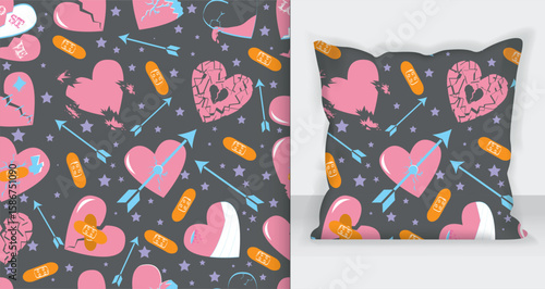 Broken hearts vector set of  icons and symbols in pink color with wound, patches, stitches and bandages isolated in white background. Vector illustration.