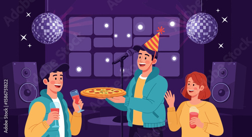 Cheerful Friends Enjoying Pizza And Drinks At A Lively Karaoke Birthday Celebration