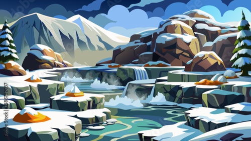 پس زمJigokudani Monkey Park, Nagano, Japan – Snow-covered rocks surround steaming hot springs where . The icy and warm contrast adds emotion and storytelling to a wildlife-rich winter vector.
