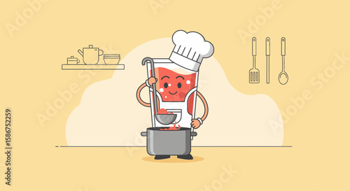 Cheerful Juice Character Cooking In A Cartoon Kitchen With Culinary Utensils