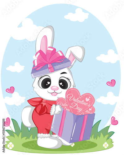 Cute cartoon valentine s day illustration of bunny with gift box