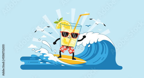 Cheerful Lemonade Character Enjoying Summer Surfing Adventure On Tropical Ocean Wave