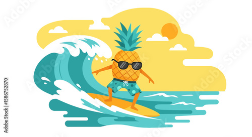 Funny Pineapple Surfer Riding Wave On Summer Vacation Tropical Holiday Concept