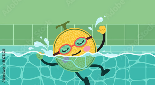 Cheerful Melon Cartoon Character Swimming in Pool With Glasses on Green Background