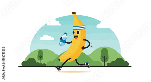 Energetic Banana Mascot Running Outdoors With Water For Health And Wellness