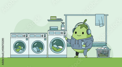 Cheerful Pear Mascot Doing Laundry In A Bright And Modern Laundromat