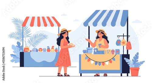 Cheerful Scene At A Local Market With Women Promoting Products Stand