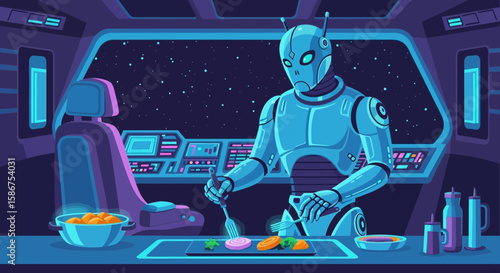 Futuristic Android Chef Preparing Gourmet Meal In Spaceship With Starry View
