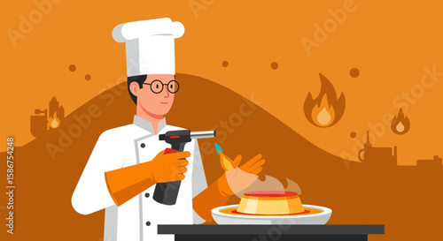 Creative Chef Preparing A Dessert With A Blowtorch In An Orange Ambiance