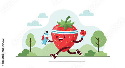 Cheerful Strawberry Character Jogging Outdoors Promoting Healthy Lifestyle Choices