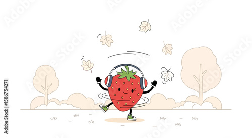 Cheerful Strawberry Character Dancing Happily During Autumn Season With Headphones