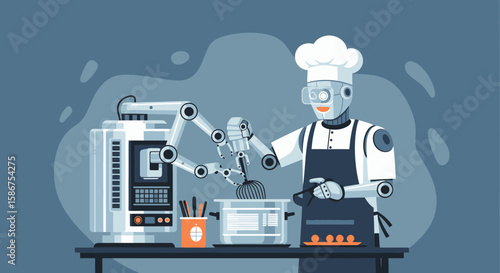 Futuristic Kitchen Robot Chef Preparing Food With Robotic Arm Assistance